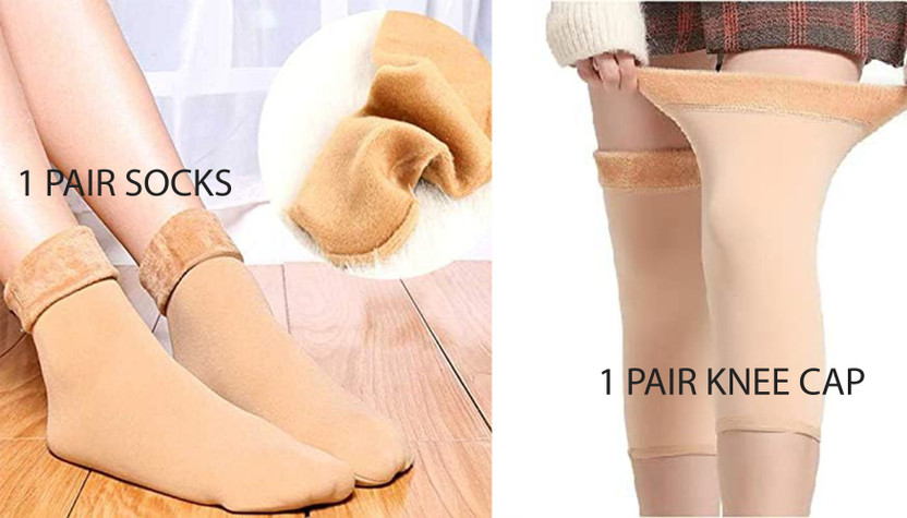 NAVMAV Winter Combo 1Pair Leg Warmer & 1Pair Sock Thermal Warm Knee Cap Split Toe Sock Knee Support(Beige)