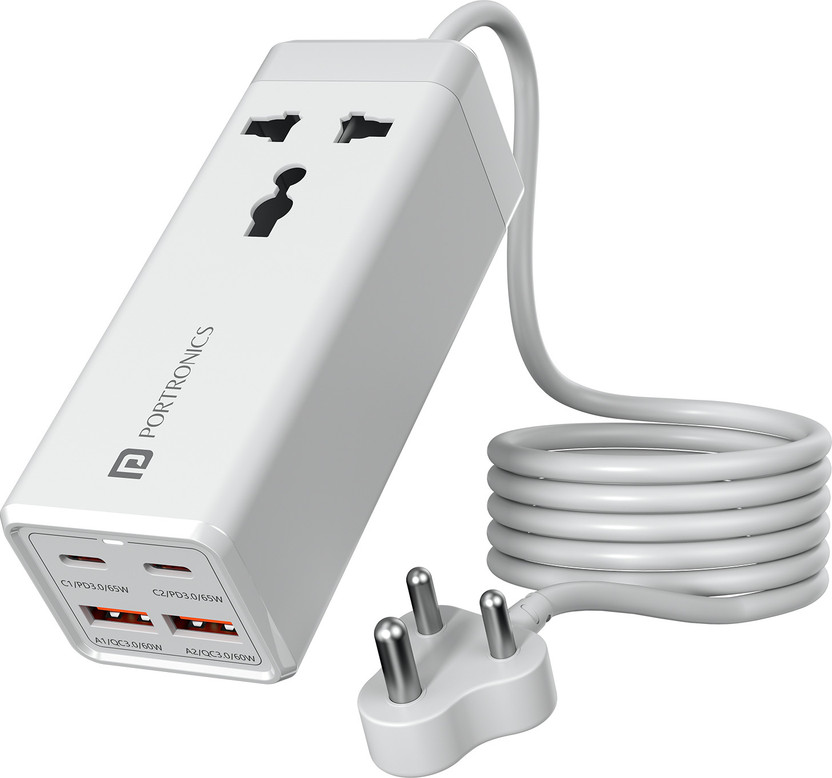 Portronics Adapto Volt 65 5-in-1 Power Strip with 2 Type C + 2 Mach USB Ports, 2500W 1  Socket Extension Boards(White, 2 m, With USB Port)