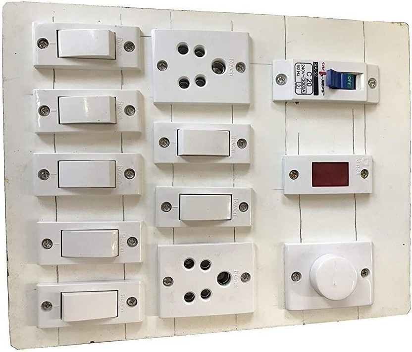 TAAJ Electric Switch Board (7 Switches, 2 Sockets, 1 DP, 1 Regulator, 1 Indicator) 2  Socket Extension Boards(White, 1 m)