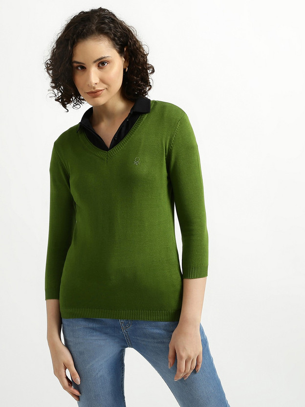 V Neck Casual Women Green Sweater 