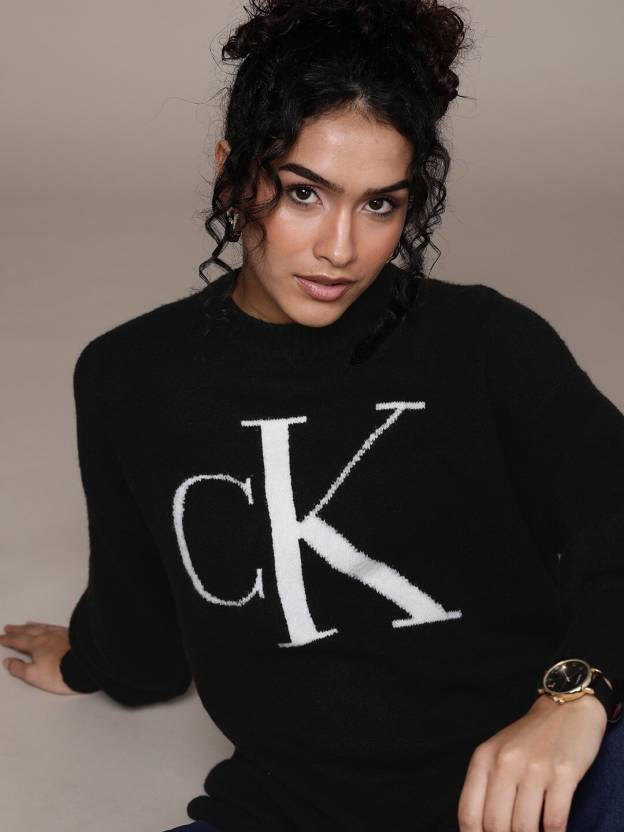 Calvin Klein Jeans Printed High Neck Casual Women Black Sweater - Buy Calvin  Klein Jeans Printed High Neck Casual Women Black Sweater Online at Best  Prices in India 
