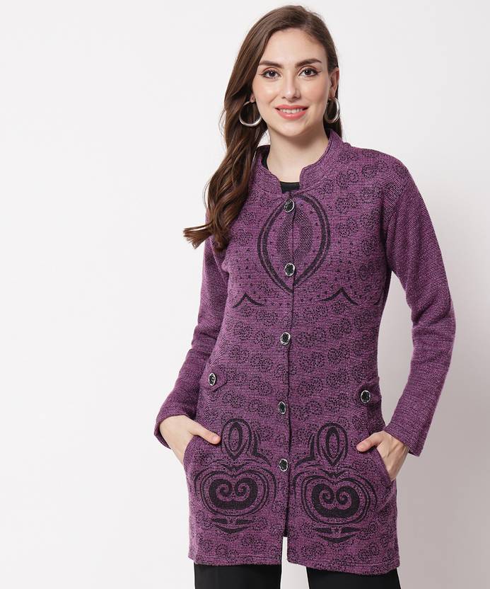 Christy World Women Self Design Collared Neck Purple Sweater
