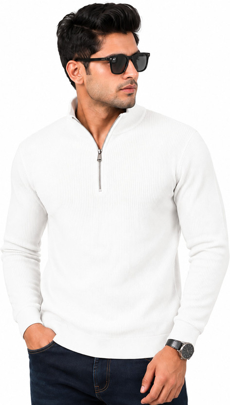 Urban Warms Self Design Collared Neck Casual Men White Sweater