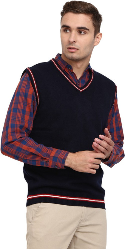 V Neck Casual Men Dark Blue Sweater 