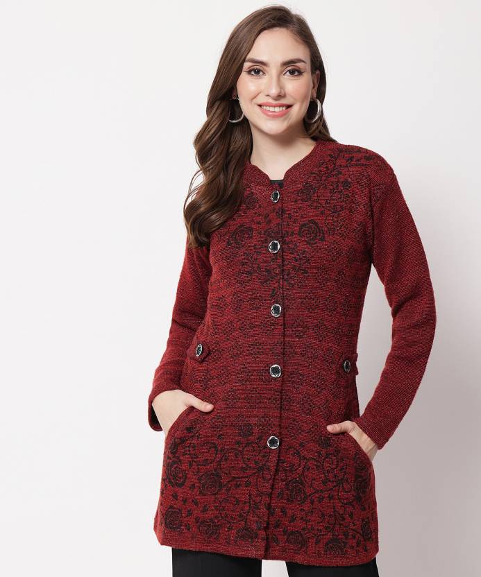 Christy World Floral Print Collared Neck Casual Women Maroon Sweater