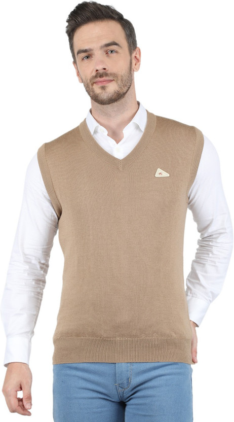 V Neck Casual Men Beige Sweater 