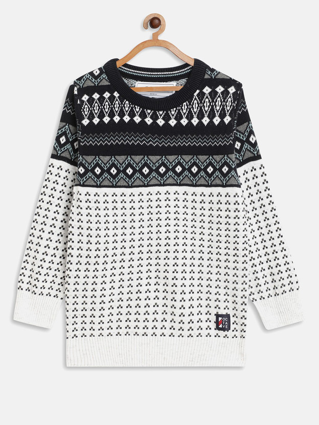 Round Neck Casual Boys White Sweater 
