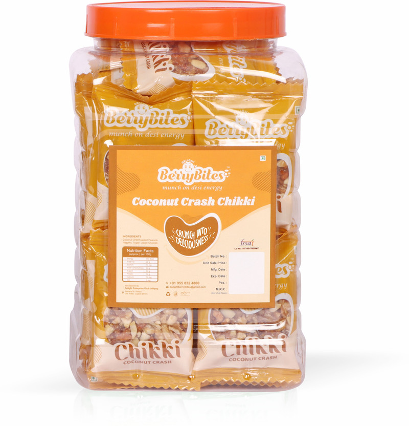 Delight Berrybites Coconut Chikki | Gajak I Sweets | with Jaggery | JAR Plastic Bottle(800 g)