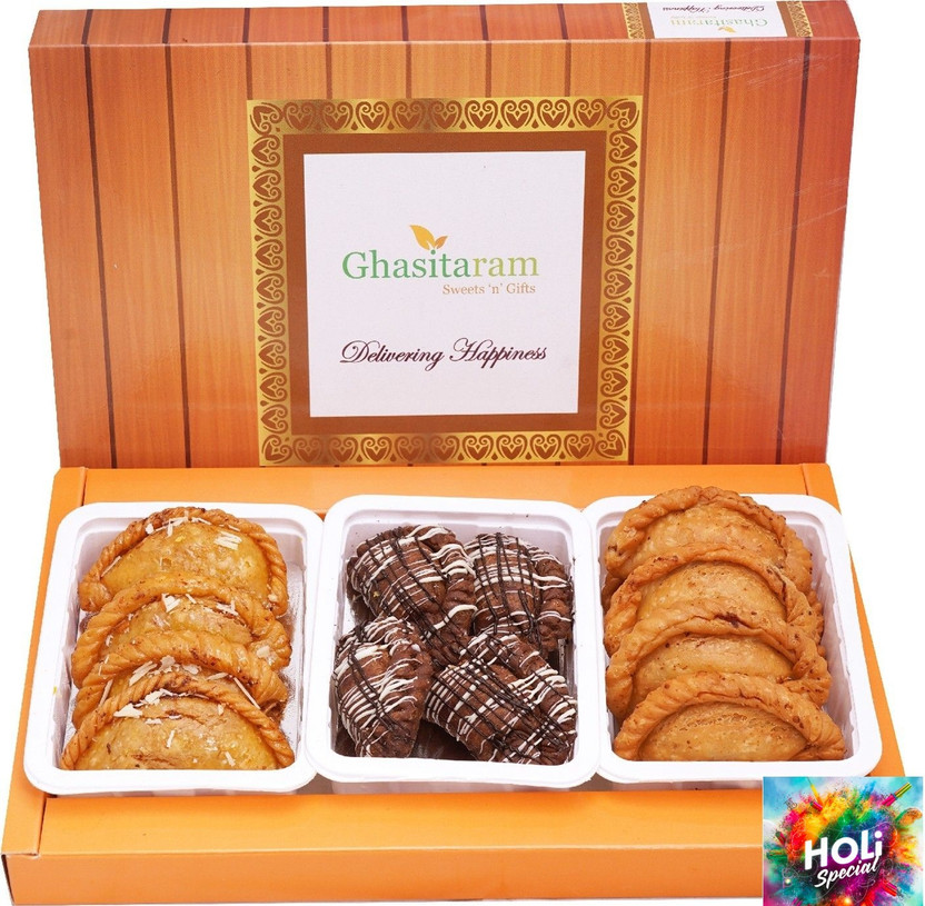 Ghasitaram Gifts Holi Special Sweets-Assorted box of Traditional, Dry Sweet and Chocolate Gujiyas Box(600 g)