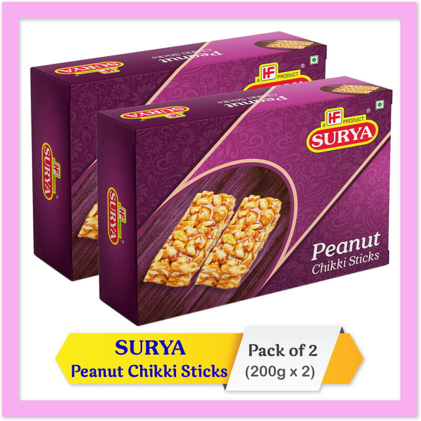 Surya 400gm Peanut Chikki Sticks| Phalli Chikki |Indian Sweet (Pack of 2; 200gm each) Box(2 x 200 g)