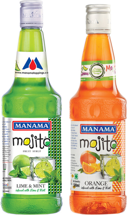 MANAMA Lime Mint Mojito Syrup and Orange Mojito Syrup, Mixer for Mocktails, Cocktails, Drinks, Juices(500 ml, Pack of 2)