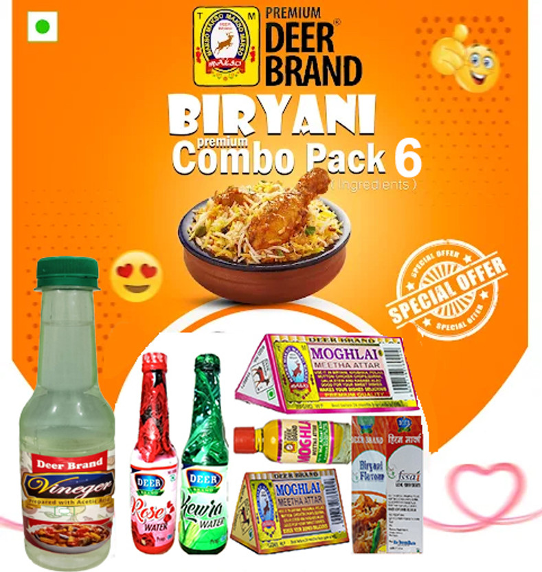 DEER BRAND Rose Water,Kewra Kewda Jal,Meetha attar,Biryani Essence,Biryani Flavour,Vinegar(6 x 160.5 ml)