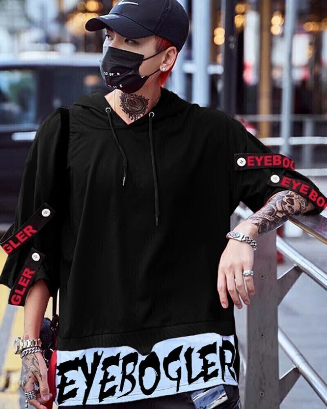 EyeBogler Printed Men Hooded Neck Black T-Shirt