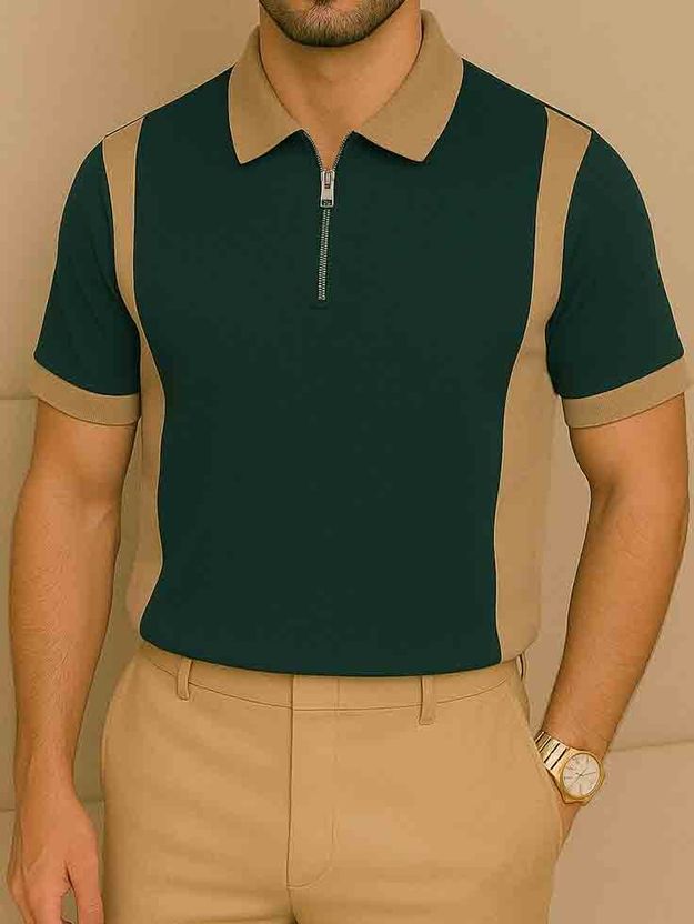 Try Men Colorblock Zip Neck Cotton Blend Green T-Shirt - Image 1