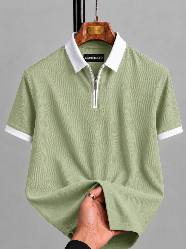 COMBRAIDED Self Design Men Polo Neck Light Green T-Shirt