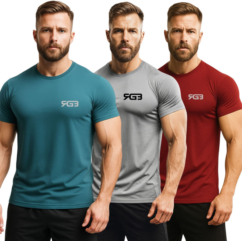 3colors Solid Men Round Neck Blue, Grey, Maroon T-Shirt