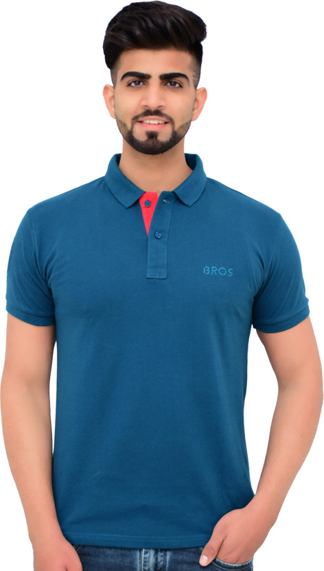 3BROS Solid Men Polo Neck Blue T-Shirt
