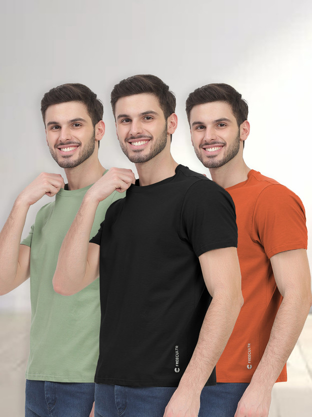 FREECULTR Solid Men Round Neck Black, Green, Orange T-Shirt