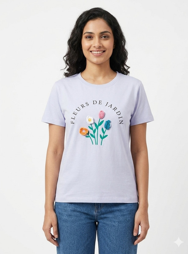 M M online store Floral Print Women Round Neck Blue T-Shirt
