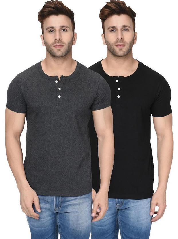 London Hills Solid Men Henley Neck Black, Grey T-Shirt