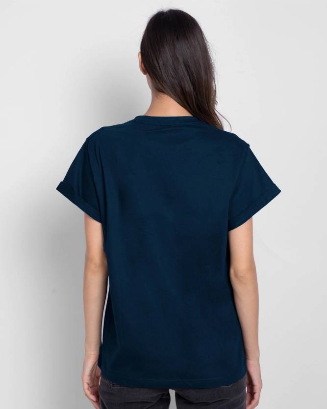 Women Printed Round Neck Pure Cotton Navy Blue T-Shirt