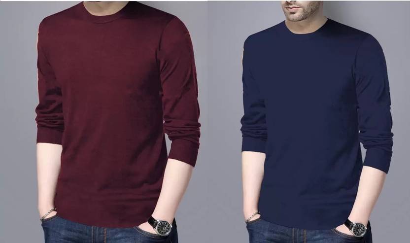 [Sizes S, M, L, XXL] JSIYA Pack of 2 Men Solid Round Neck Maroon, Blue T-Shirt