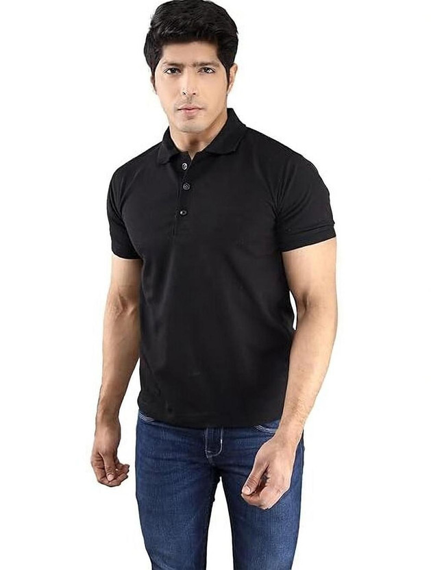 KEOTI Solid Men Polo Neck Black T-Shirt