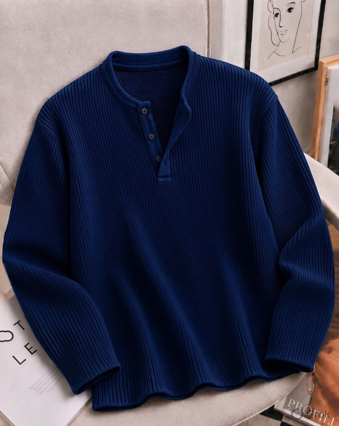 ENITOR Self Design Men Henley Neck Navy Blue T-Shirt