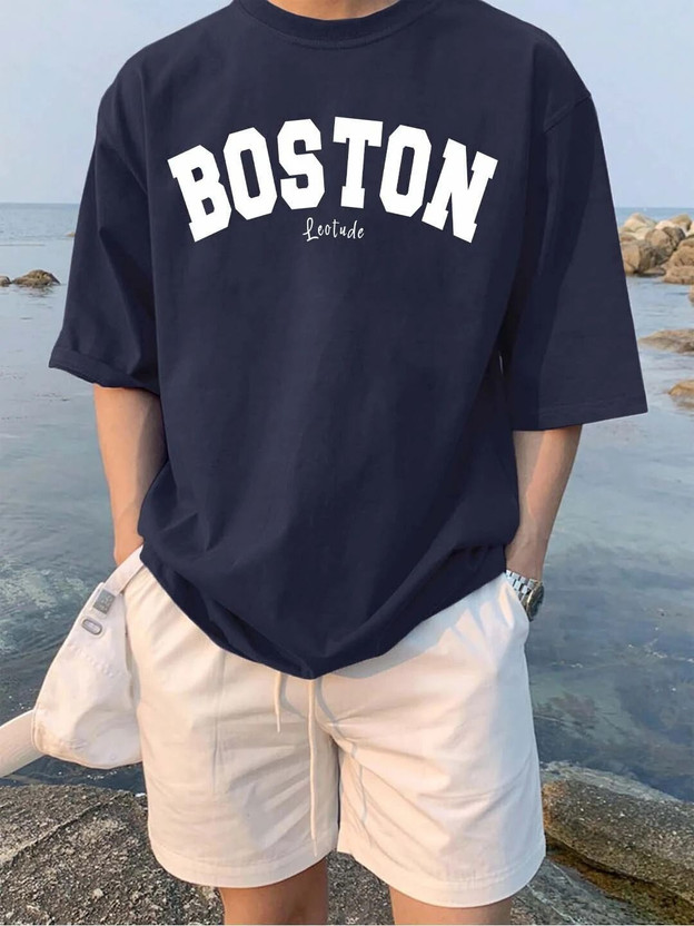 Leotude Printed Men Round Neck Navy Blue T-Shirt