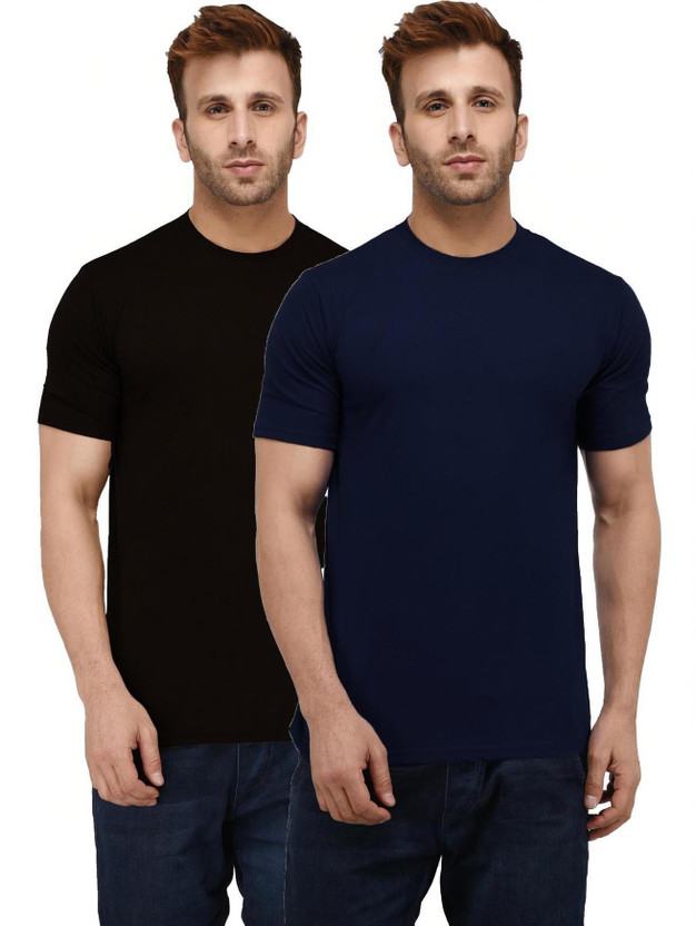London Hills Solid Men Round Neck Dark Blue, Black T-Shirt