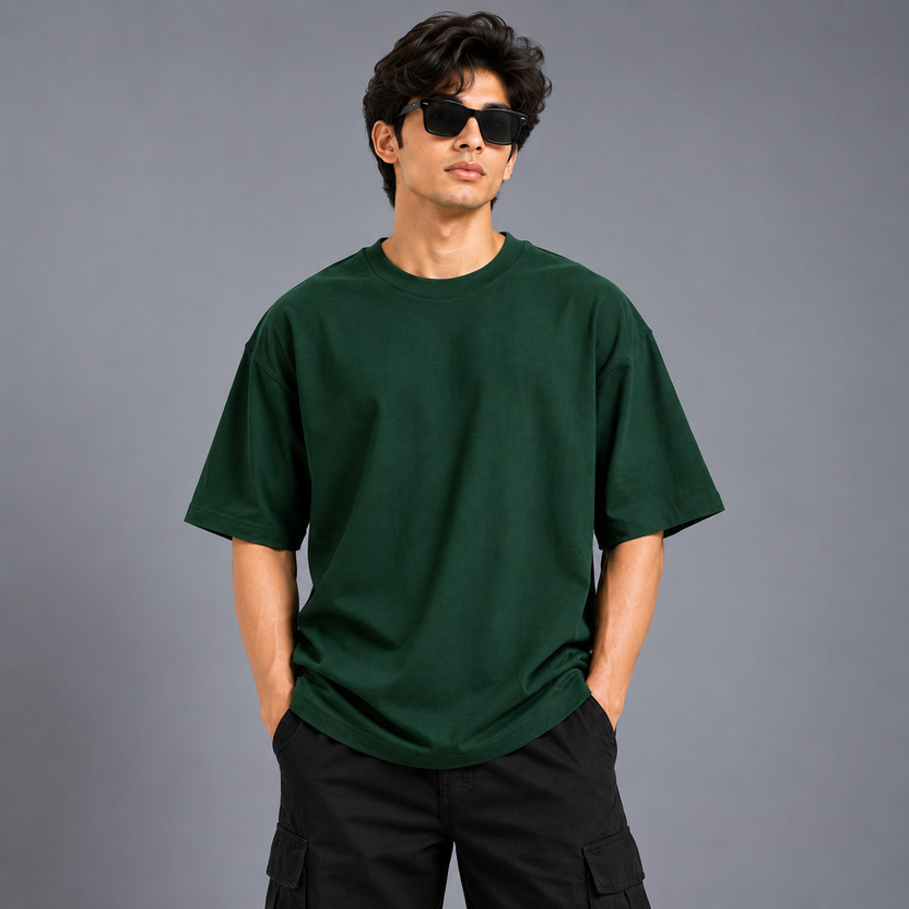 Greyscale Solid Men Round Neck Dark Green T-Shirt