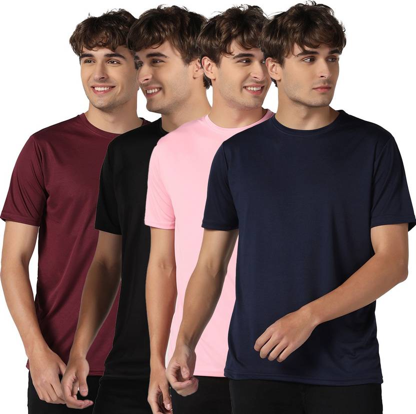 [Size XS] INKKR Pack of 4 Men Solid Round Neck Polyester Multicolor T-Shirt