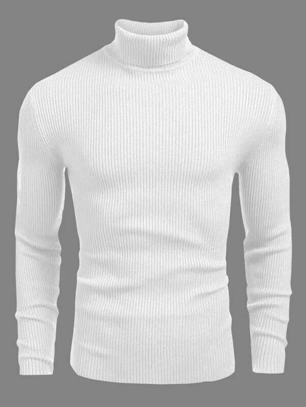 CAVDIA Striped Men High Neck White T-Shirt