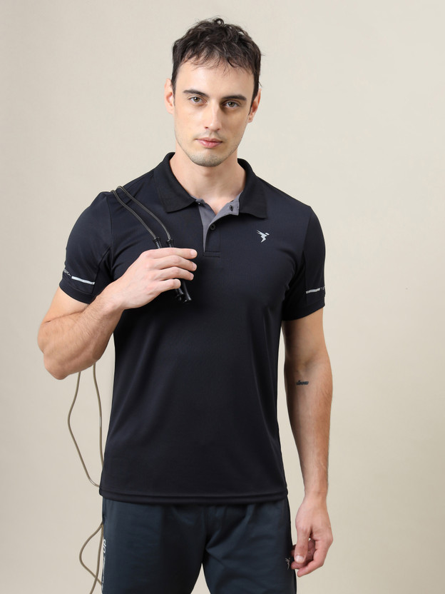 TECHNOSPORT Solid Men Polo Neck Black T-Shirt