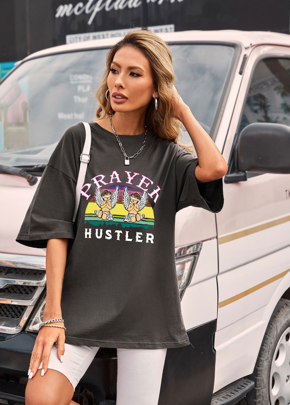 Urbanic Printed Women Round Neck Grey T 