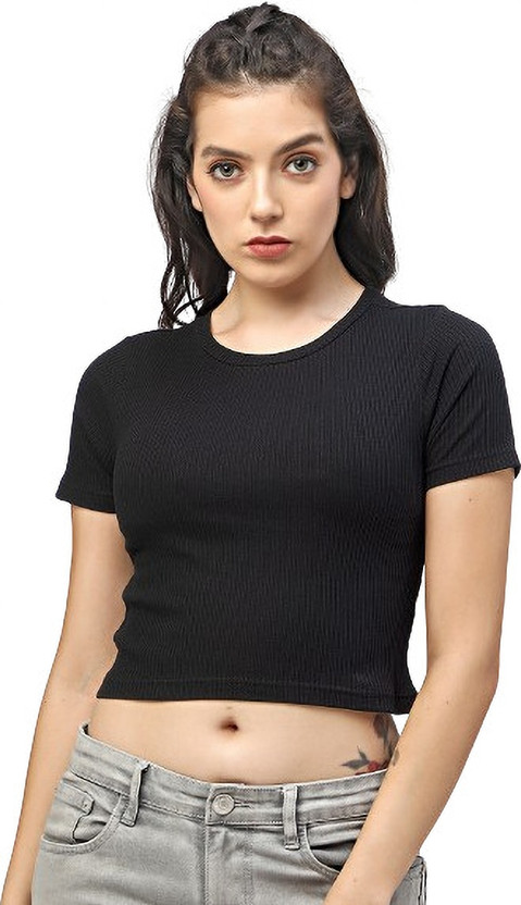Tickled Pink Solid Women Crew Neck Black T-Shirt