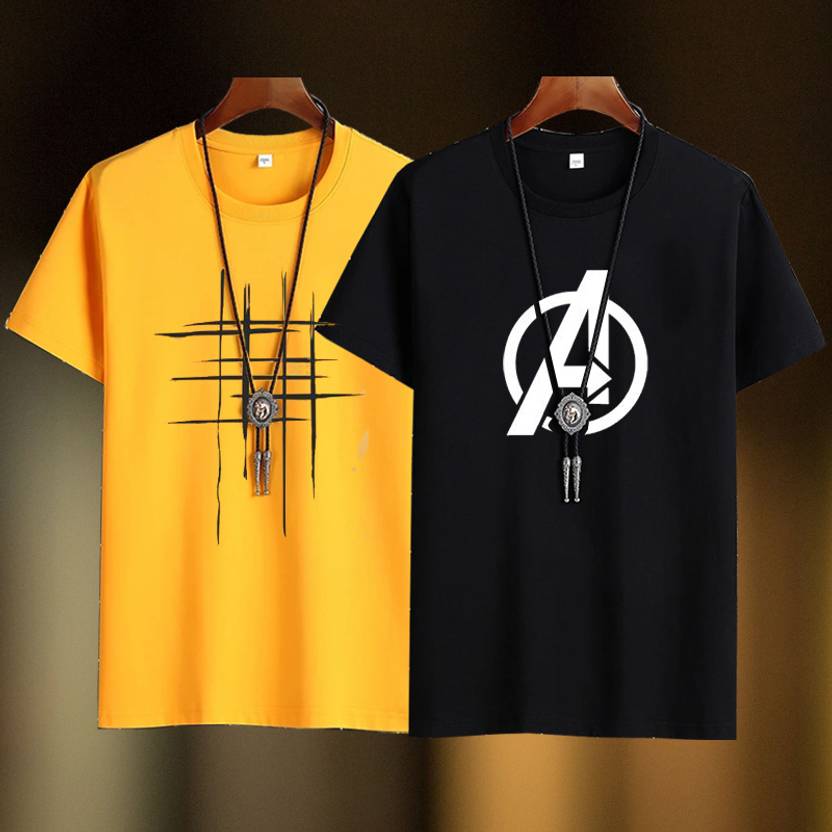 MONKEY BOYS Pack of 2 Men Solid Round Neck Multicolor T-Shirt