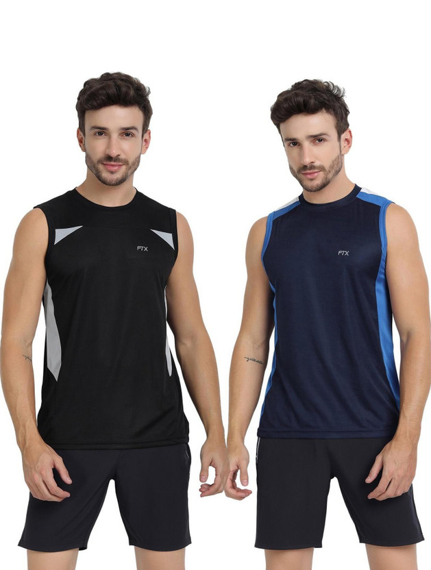 FTX Solid Men Round Neck Dark Blue, Black T-Shirt