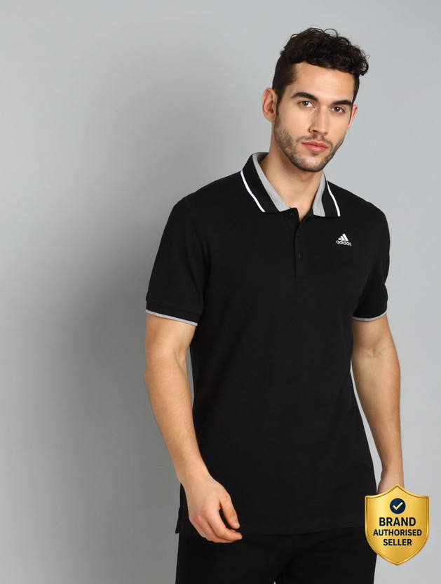 ADIDAS Solid Men Polo Neck Black T-Shirt