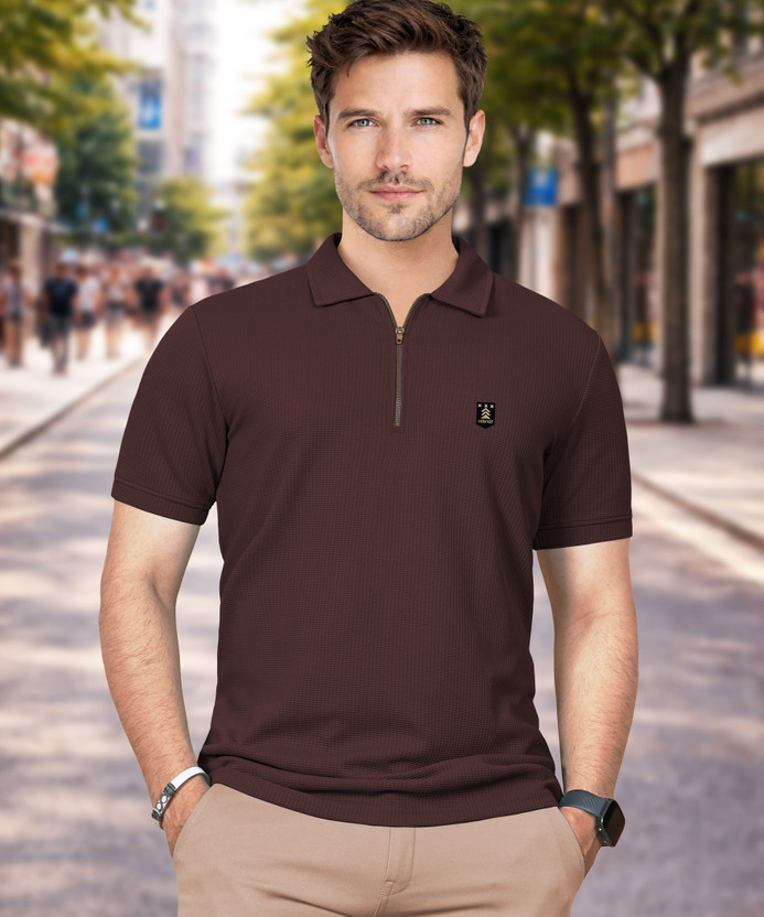 VeBNoR Solid Men Zip Neck Brown T-Shirt