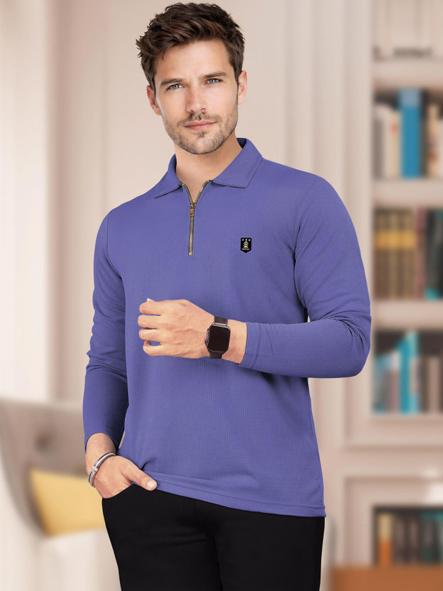 VeBNoR VeBNoR Self Design Men Zip Neck Blue T-Shirt - Flipkart Deal