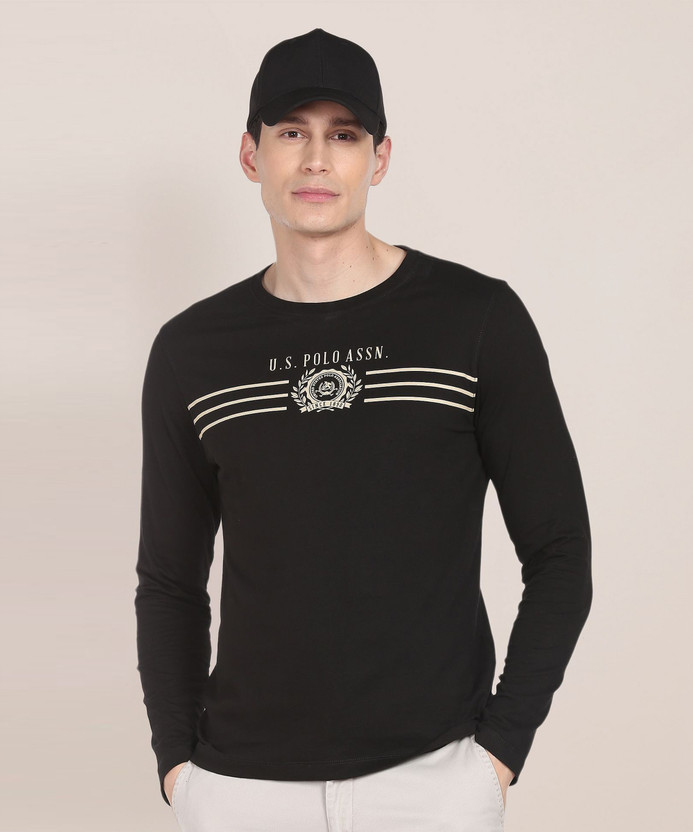 U.S. POLO ASSN. Typography, Striped Men Round Neck Black T-Shirt