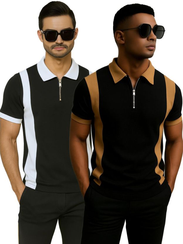 Try Men Colorblock Zip Neck Cotton Blend Green T-Shirt - Image 9