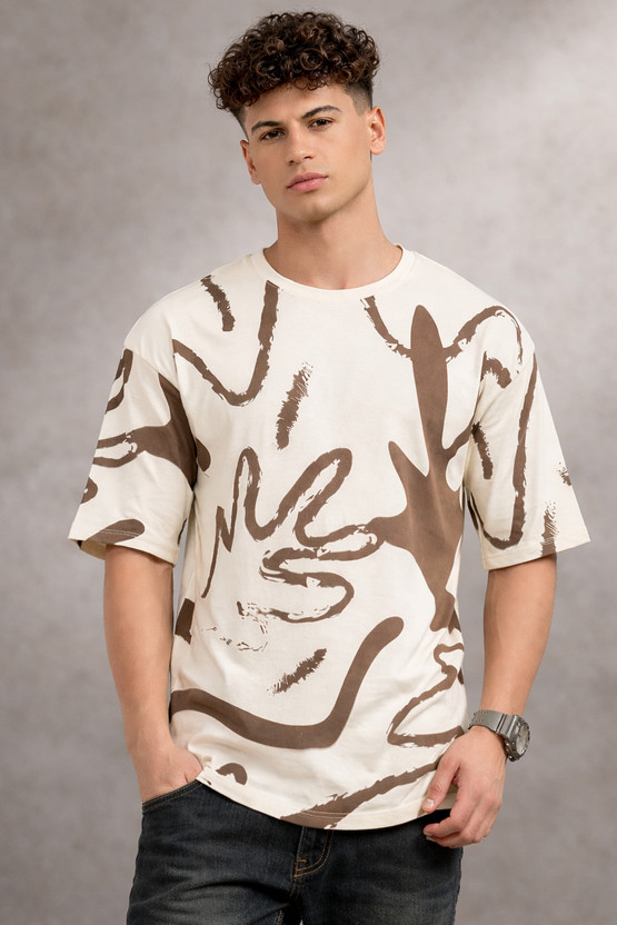 Roadster Printed Men Round Neck Beige, Brown T-Shirt