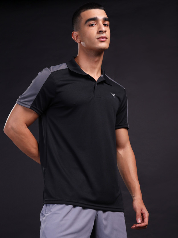 TECHNOSPORT Colorblock Men Polo Neck Black T-Shirt