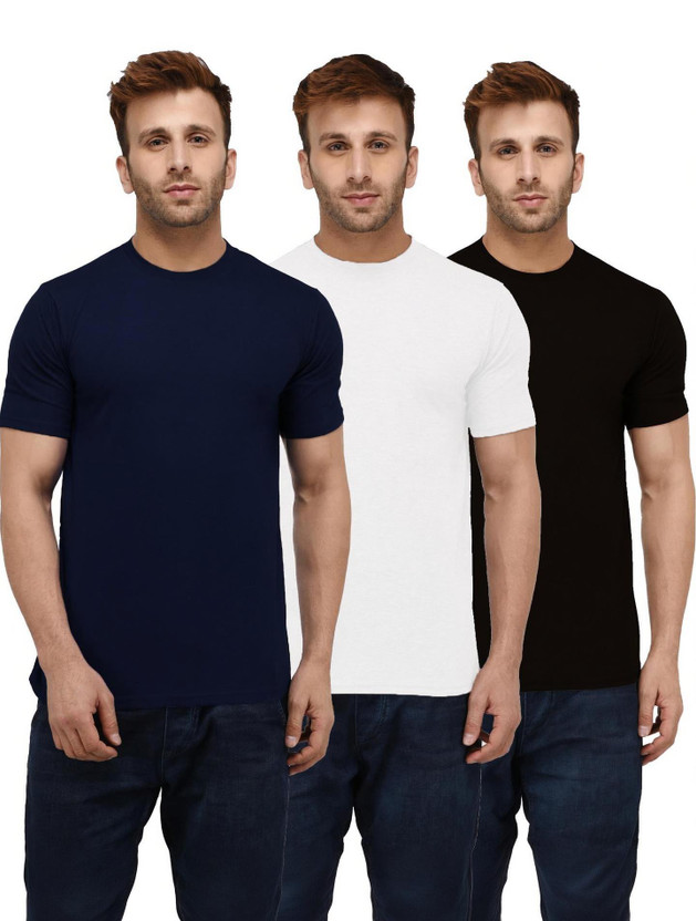 London Hills Solid Men Round Neck Dark Blue, White, Black T-Shirt