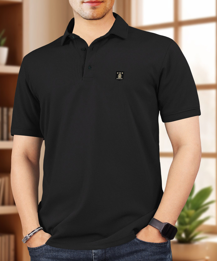 VeBNoR Self Design Men Polo Neck Black T-Shirt