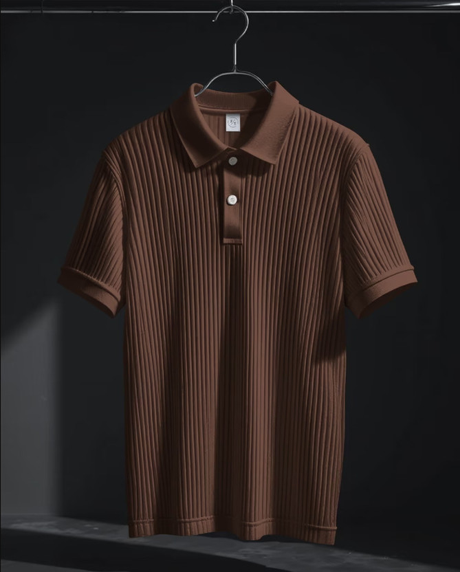 Try This Self Design Men Polo Neck Beige, Brown T-Shirt