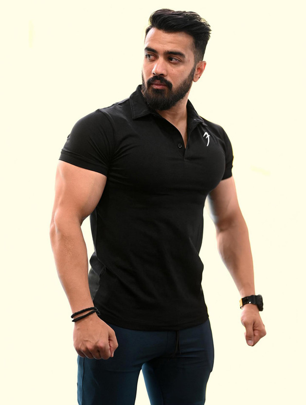 FuaarK Solid Men Polo Neck Black T-Shirt