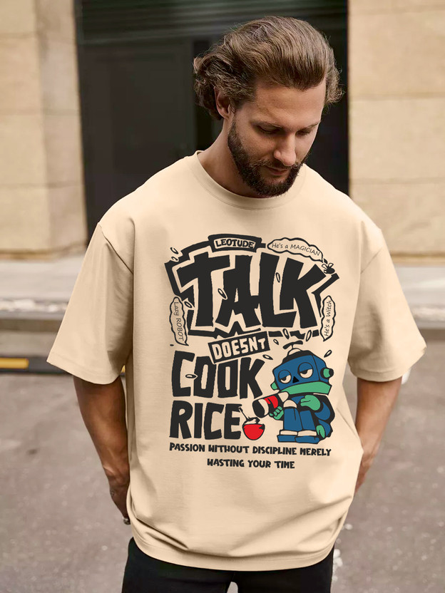 Leotude Printed Men Round Neck Beige T-Shirt